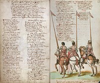 folio in a Brussels Manuscript, with the text of the Dutch national anthem. Originally this manuscript (Brussels, Royal Library, 15.662) contained seventy military drawings by an unknown artist. Early 17th Century Willem de Gortter, a Dutch rhetorician added his own poems and a selection of revolutionary texts by others on it. At the right page the name of Philips of Marnix, Lord of Saint-Aldegonde is mentioned as the author. He is referenced as "an excellent poet". Water colour painting of three mounted swordsmen in cuirasses with pikes and red split pennants.