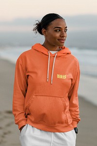 Orange hoodie mockup, streetwear apparel psd