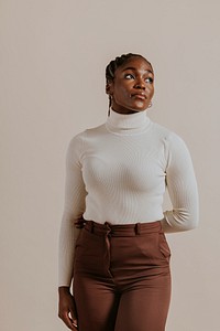 Woman wearing white turtleneck sweater, Winter fashion