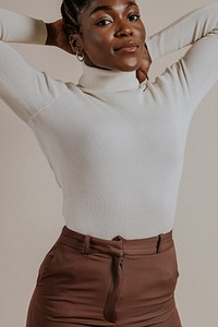 Woman wearing white turtleneck sweater, Winter fashion