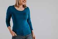 Mature woman in blue t-shirt and jeans