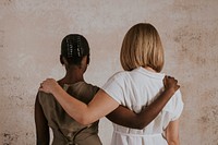 Diverse hugging women, minimal apparel