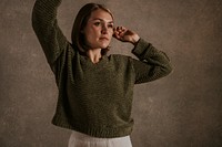 Woman in green knitted sweater, Winter fashion