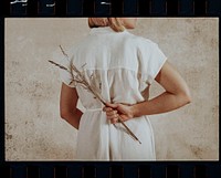 Woman wearing white linen dress, aesthetic photo