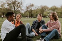 Cheerful diverse friends hanging out, sitting in a park