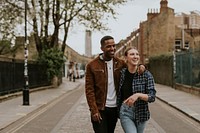 Diverse couple on a date, walking in the city