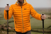 Puffer jacket mockup, hiking outfits psd