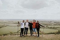 Friends hiking on hill, outdoor activity