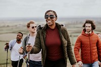 Friends hiking on hill, outdoor activity