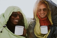 Camping couple having morning drinks