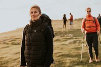 Friends hiking together, outdoor activity photo