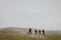 Senior hikers walking, nature travel photo