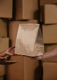 Delivery man handling paper bag to customer