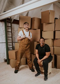 Happy home moving workers, job & career photo