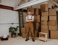 Moving service provider, man in overalls, job & career photo