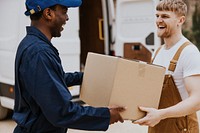 Delivery man handing box to customer