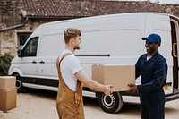 Delivery man handing box to customer