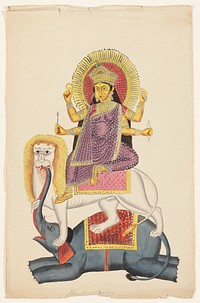 Durga Seated on Lion and Elephant during 19th century painting in high resolution. Original from the Minneapolis Institute of Art. Digitally enhanced by rawpixel.. Original from the Minneapolis Institute of Art.