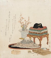 Still Life with 'Stroking Ox' (1829) print in high resolution by Keisai Eisen. Original from Los Angeles County Museum of Art.