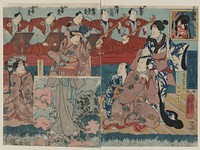 Print shows a dance performance from a play with a woman dancing with musicians in the background, also a portrait of a warrior hanging on the wall in the upper right (1848&ndash;1854) print in high resolution by Utagawa Kuniyoshi. Original from the Library of Congress. 