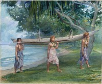 Girls Carrying a Canoe, Vaiala in Samoa by John La Farge