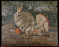 Tile mosaic with rabbit, lizard and mushroom