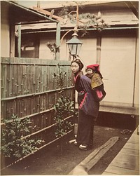 [Japanese Woman in Traditional Dress Posing with a Child on her Back]