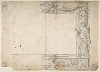 One Half of a Design for a Frame of a Stage Proscenium, with a Figure of Justice at the Right, and the Barberini Arms in a Cartouche at the Top by Giovanni Francesco Romanelli