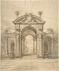 Design for a Stage Set: Triumphal Arch with Fountains in the Side Niches and the View of a Boat through the Arch, Anonymous, Italian, Piedmontese, 18th century