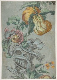Ornamental Design with Fruit and Flowers (recto); Flower Stalk with Leaves (verso) 