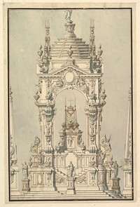 Elevation of a Catafalque with royal Crown and Order of the Golden Fleece, for a Duke of Lorraine, probably Leopold (d. 1729), Workshop of Giuseppe Galli Bibiena