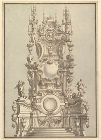 Elevation of a Catafalque, Surmounted by a Royal Crown, with Scull and Cross Bones in Wreath-Encircled Cartouche just below, Workshop of Giuseppe Galli Bibiena