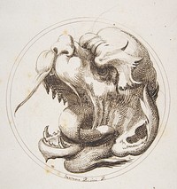 Large Grotesque Head With an Open Mouth Looking to the Left Within a Frame