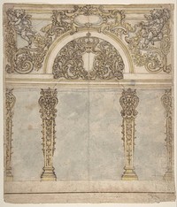 Design for an Alcove with a Coat of Arms Flanked by Putti Bearing a Crown, Supported by Pilasters with Human Heads in Capitals