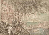 Huntsmen and Company Observing Dogs Retrieving Ducks in a Pond (The Month of April)