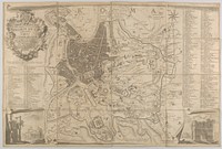 Plan of ancient Rome with a view of the Pantheon lower left and a triumphal arch lower right