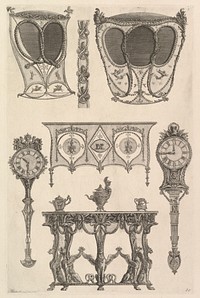 A sedan chair, a coach, a commode, a side table and two clocks (Deux ch. à porteurs v. de côté, une commode, une console, deux pedules, un meuble indét), from Diverse Maniere d'adornare i cammini ed ogni altra parte degli edifizi...(Different Ways of ornamenting chimneypieces and all other parts of houses)