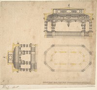 Design for a Bath in the Form of an Elongated Polygonal Temple, Plan and Two Elevations, attributed to John Vardy