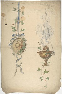 Designs for Trophies Containing Medallion and Urn by Anonymous, British, 19th century