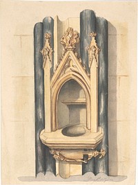 Design for baptismal font set between paired Purbeck marble columns by attributed to Auguste Charles Pugin