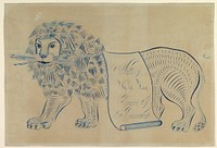 Ornamental Lion Composed of Scrolls, Holding Pens