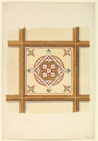Design for a Coffered and Painted Ceiling in Rust and Olive Green, with a Quatrefoil Motif by John Gregory Crace