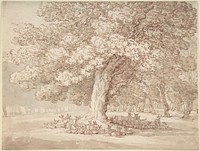 Herd of deer under an oak tree  by Thomas Rowlandson