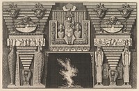 Chimneypiece in the Egyptian style: Two mummies in profile on the left and two figures brearing obelisks on the right (Ch. &agrave; l'&egrave;gyptienne), from Diverse Maniere d'adornare i cammini ed ogni altra parte degli edifizi...(Different Ways of ornamenting chimneypieces and all other parts of houses) by Giovanni Battista Piranesi