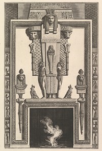 Chimneypiece in the Egyptian style: Mummy superimposed on a large caryatid above the lintel (Ch. à l'égyptiennne surmontée d'une grande cariatide contre laquelle s'applique une momie), from Diverse Maniere d'adornare i cammini ed ogni altra parte degli edifizi...(Different Ways of ornamenting chimneypieces and all other parts of houses) by Giovanni Battista Piranesi