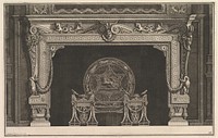 Chimneypiece: Architrave decorated with a Greek key motif and a circular fireback with figures of the zodiac (Ch. décorée d'une grecque), from Diverse Maniere d'adornare i cammini ed ogni altra parte degli edifizi...(Different Ways of ornamenting chimneypieces and all other parts of houses) 