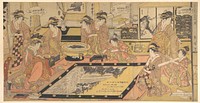 A Votive Picture to Be Donated to the Kannon of Asakusa (Asakusa Kannon hō kakegaku no zu), by Takigawa of the Ōgiya, Kamuro Menami and Onami, with Tomikawa, Kumegawa, Tamagawa, Tsugawa, Utagawa, and Kiyokawa by Kitagawa Kikumaro