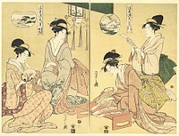 Spirit Summoner; Wild Geese Returning Home (Maboroshi; Rakugan) (right) and A Thin Veil of Clouds; Clearing Weather (Usugumo; Seiran) (left), from the series Eight Views of The Tale of Genji in the Floating World (Ukiyo Genji hakkei)