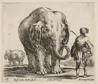 Plate 16: an elephant in center, his mahout standing to the right wearing an Oriental costume, another elephant to left in background, from 'Diversi capricci'