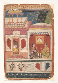 Radha and Her Confidant Sit in an Open Room: Page from a Dispersed Rasikapriya, India (Madhya Pradesh, Malwa)